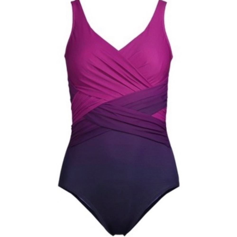 Lands’ End NWT Slendersuit One Piece Swimsuit 14D Tummy Control Ombre Coastal - Picture 3 of 11